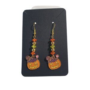 Jack O Lantern Halloween Drop Earrings Beaded Orange Purple Gold Accents Dangle
